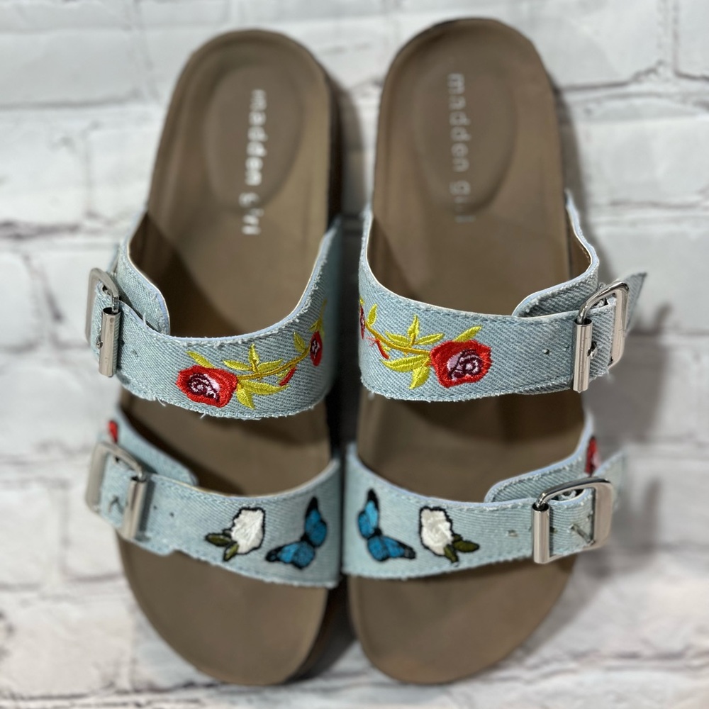Madden Girl "Brando" Slide On Sandals Denim Embroider… Gem